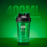 Green shaker bottle with black cap on a green background, featuring '400ML' text.